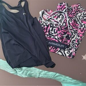Under Armour Navy Tank and Pink Animal Print Leggings and sports bra.